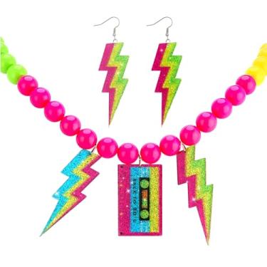 Imagem de Roupas dos anos 80, acessórios de fantasia para mulheres, colar dos anos 80, colares de contas de néon para festas brilhantes, colares com fita de relâmpago, conjunto de joias neon para mulheres