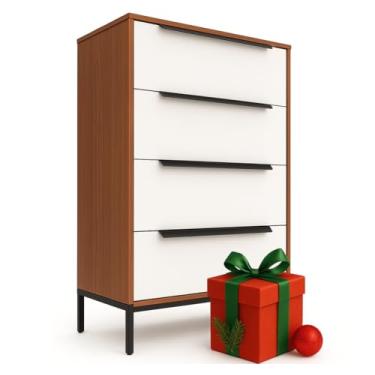 Imagem de Cômoda de tecido premium Lira – moldura de madeira maciça, 4 gavetas espaçosas à prova de queda com alças de metal elegantes – solução de armazenamento elegante e durável para sua casa (marrom escuro)