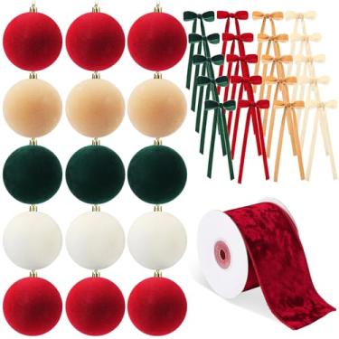 Imagem de Syhood 46 peças de enfeites de Natal de veludo – 15 bolas de Natal grandes de 8 cm, 30 laços flocados, 1 fita de veludo, decoração de árvore de Natal vermelha, verde, marrom, bege, para decoração