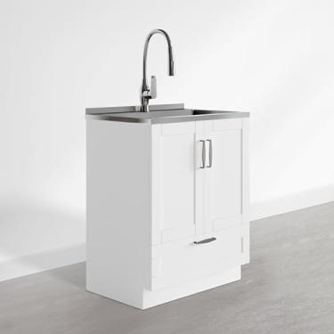 Imagem de SIMPLIHOME Pia utilitária multifuncional Reed de 71 cm de largura e armário de lavanderia com acabamento branco geleira, armário de pia de aço inoxidável de transição para lavanderias com torneira