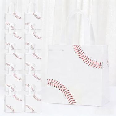 Imagem de 12 peças de sacos de presente de papel com tema de beisebol branco com design de costura vermelha, sacolas de lembrancinhas de festa para eventos esportivos, celebrações de aniversário (A)