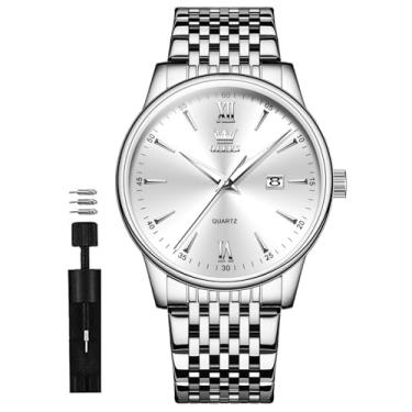 Imagem de OLEVS Relógios masculinos prateados, clássicos, luxuosos, à prova d'água, analógico, quartzo, aço inoxidável, relógio de pulso casual, mostrador grande, com data de dia, relógios para hombres, Prata