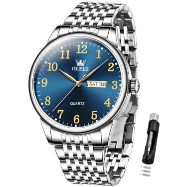 Imagem de OLEVS Relógios masculinos prateados, clássicos, luxuosos, à prova d'água, analógico, quartzo, aço inoxidável, relógio de pulso casual, mostrador grande, com data de dia, relógios para hombres