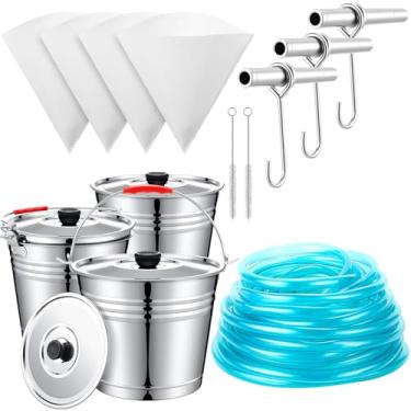 Imagem de LOYIM O kit inicial de 3 peças inclui 3 baldes de metal com tampas, linha de tubulação rosqueada de 10 metros, 3 torneiras de xarope de bordo, 3 filtros de xarope de bordo e 3 escovas de limpeza para