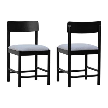 Imagem de Kit 2 Cadeiras Amber Madeira Maciça - Preto Assento Estofado Linho Cinza Mescla Impermeável