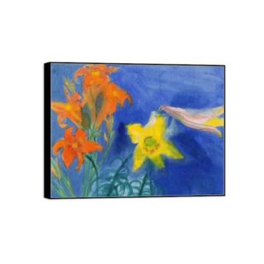 Imagem de BMZFYBS Pintura de arte de parede de flores - imagem de decoração vintage - lírios vermelhos e amarelos - impressões em tela de moldura preta para sala de estar 50 x 65 cm 20 x 26 pol