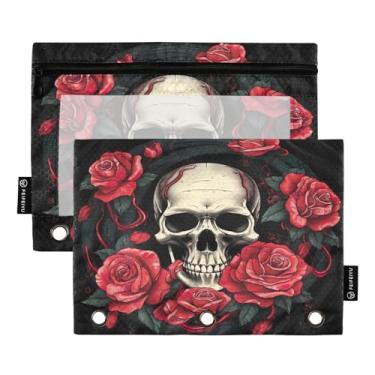 Imagem de Wassud Crânio com rosas vermelhas, pacote com 2 pastas para fichário, pastas de bolso com 3 furos, organizador de fichários para casa, escritório