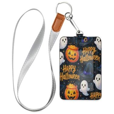 Imagem de Wassud Porta-crachá de couro PU de abóbora fofo de Halloween com cordão, porta-cartão de identificação para trabalho, cordão de pescoço com compartimentos para cartões de crédito, funcionários
