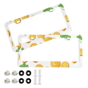 Imagem de CEBUGI Pacote com 2 molduras de placa de carro de alumínio capas de moldura de placa de carro com 2 furos moedas douradas trevo folha acessórios automotivos para placas dianteiras e traseiras furo