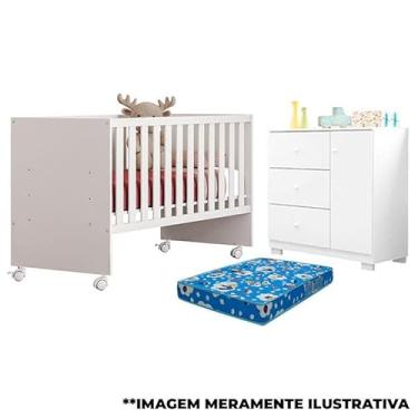 Imagem de Berço Nacional Doce Sonho 3540 e Cômoda Infantil Duda Branco Brilho com Colchão - Phoenix Baby