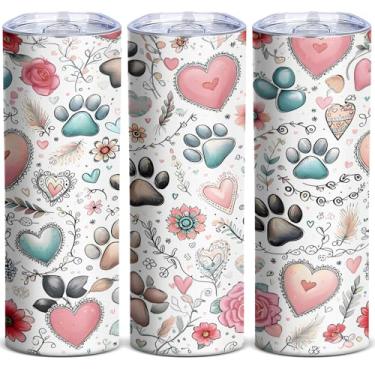 Imagem de Boho, copo skinny, pata de cachorro, copo de café floral de 590 ml para donos de animais de estimação, caneca de viagem de aço inoxidável isolada, presente fofo para amantes de cães e amigos