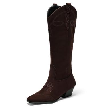 Imagem de Coutgo Botas femininas caubói com bico quadrado bordado, salto grosso, cano médio, sapatos de outono e inverno, Chocolate, 41