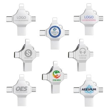 Imagem de Unidade USB OTG 4 em 1 de metal personalizada, pen drive de telefone multiportas personalizado para presentes de negócios, eventos promocionais, brindes corporativos, com embalagem de presente