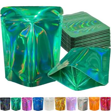 Imagem de YINGZON Pacote com 100 sacos Mylar premium à prova de cheiro, sacos de armazenamento resseláveis com impressão holográfica dupla face, sacos de embalagem de alumínio de 12,7 x 10 cm. (verde)
