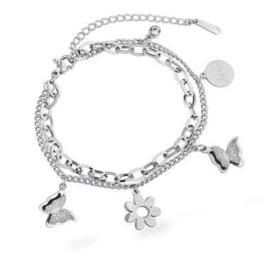 Imagem de Pulseira Feminina Pingente Borboleta Medalha Ponto de Luz Flor Aço inox 316 Cores Dourado Prata Estilo Em aço inoxidável antialérgico Resistente Corrosão (Prata)