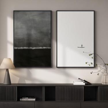 Imagem de Arte de parede abstrata emoldurada em preto e branco para sala de estar, conjunto grande de 2 impressões em tela modernas minimalistas para paredes, imagens de horizonte de paisagem marítima para