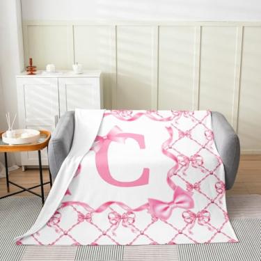 Imagem de Erosebridal Lindo cobertor de flanela infantil Queen 227 cm x 239 cm com laço para menina inicial letra C, cobertores de princesa, presentes de aniversário com monograma, laço monogramado, sofá-cama