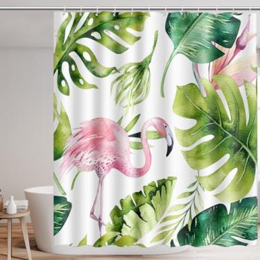 Imagem de Cortina de chuveiro com estampa de flamingo de folha tropical para banheiro, estilo flamingo, animal, cortina de banheiro de tecido, impermeável, poliéster, decoração de banheiro com 12 ganchos, para