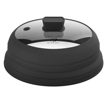 Imagem de Tampa de proteção contra respingos de micro-ondas de vidro com silicone dobrável para panela de alimentos 30 cm preta