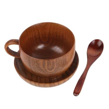 Imagem de etspolt Xícara de café de madeira com conjunto de colher e porta-copos, xícara de chá vintage de 3 peças, xícara de madeira natural para café expresso e chá (pequeno - 200 ml)