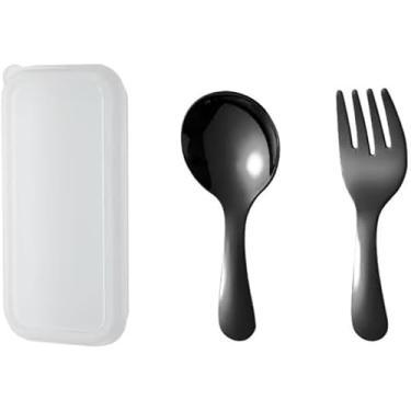 Imagem de Mini garfo de colher portátil para uso ao ar livre, aço inoxidável 304, viagem, acampamento, garfo de colher de cabo curto para uso diário de piquenique (preto)