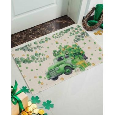 Imagem de ALAGEO Capacho de trevo verde, dia de São Patrício, caminhão, trevo da sorte, tapete de boas-vindas verde folhas de eucalipto primavera tapete de entrada para decoração de casa de banho interior