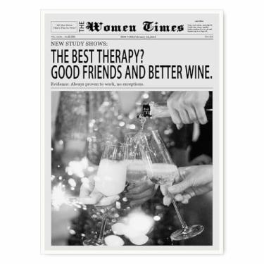 Imagem de Vintage New York Newspaper Wall Art Trendy The Women Times Friendship & Wine Pôster impresso em tela preto e branco elegante moderno feminino para decoração de bar de cozinha pôster 28x35,5 cm sem