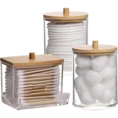 Imagem de KIT 3 Peças Porta Algodao e Cotonetes Kit Organizador Acrilico Transparente Com Tampa Bambu Higiene Pessoal Suporte Caixa de Armazenagem Potes Para Banheiro - Prático, Moderno e Elegante