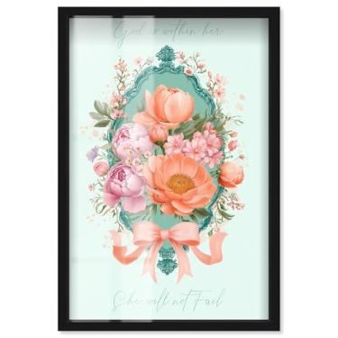 Imagem de God is With Her Floral Shadowbox Print Jesus Wall Art por Art Remedy, moldura preta, 53 x 78 cm