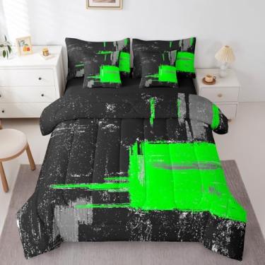 Imagem de Conjunto de cama Queen abstrato preto e verde, 7 peças, inclui edredom, conjunto de lençol, fronhas e fronhas, decoração de quarto, arte listrada moderna, conjunto de edredom geométrico, xadrez