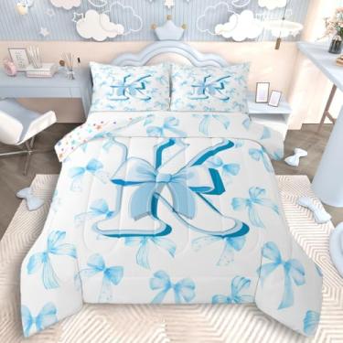Imagem de jejeloiu Conjunto de edredom com laço azul Kawaii, com letra K, para meninos e meninas, com nó de laço fofo, edredom personalizado, inicial K, arte abstrata, monograma, 3 peças com 2 fronhas
