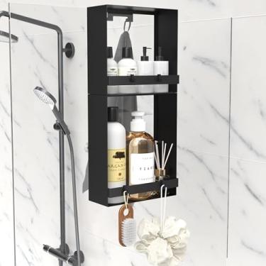 Imagem de Suporte de chuveiro de vidro para pendurar, organizador de chuveiro de aço inoxidável de 2 camadas à prova de ferrugem sobre a porta com 4 ganchos removíveis e 2 ventosas, organizadores de banheiro e