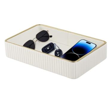 Imagem de XNONE Bandeja organizadora de mesa de couro PU, organizador de mesa de cabeceira, organizador de pratos, tigela decorativa para telefone, carteira, joias, relógio, perfume, banheiro, acessórios de