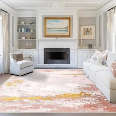 Imagem de CAPALOCA Tapetes laváveis 20 x 25 - Tapetes abstratos modernos para sala de estar, pilha baixa antiderrapante para quarto, sala de jantar, escritório, laranja, rosa