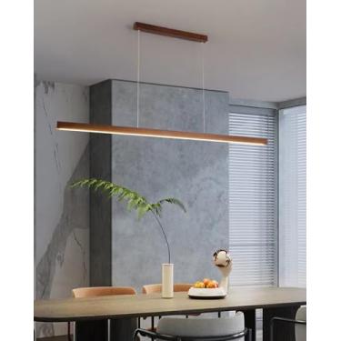 Imagem de Luminária pendente linear de LED com controle remoto, lustre de madeira regulável para mesa de jantar, cozinha e escritório - 150 cm