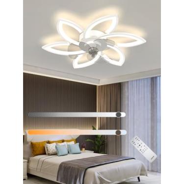 Imagem de Ventilador de teto com luminária LED moderna, silencioso e criativo, em formato de flor, com controle remoto, dimerizável e 6 velocidades, ideal para quarto e sala de estar (branco, 78 cmA).