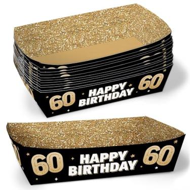 Imagem de Big Dot of Happiness Bandejas de comida de papel para festa de aniversário de 60 anos, barcos de comida descartáveis, aniversário adulto preto e dourado, piquenique, churrasco, suportes de refeição de