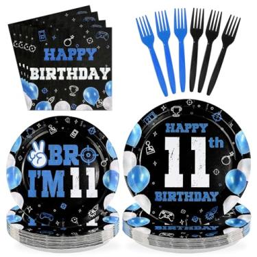 Imagem de Greencian 96 peças de decorações de aniversário de 11 anos para meninos, azul, preto, pratos e guardanapos descartáveis It's My 11th Birthday Tableware Set para crianças e adolescentes 11 anos de