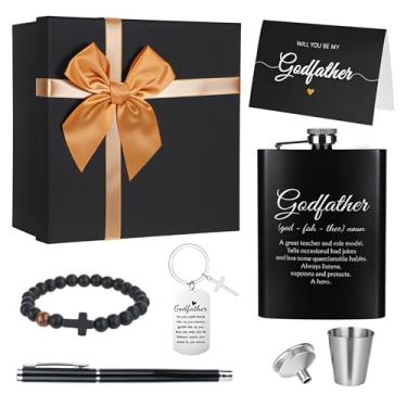 Imagem de 8 peças de presentes de proposta de padrinho, Will You Be My Godfather Godfather Conjunto de presente de proposta - Inclui pulseira de frasco, chaveiros, cartões, caixa de caneta para o Deus Pai tio