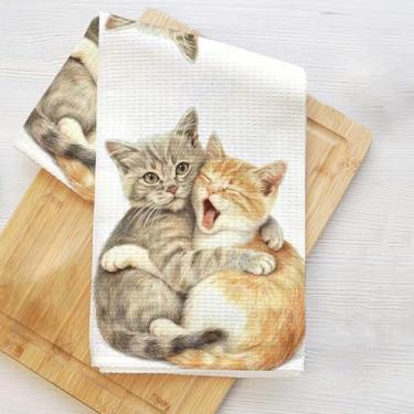 Imagem de Adoráveis toalhas de cozinha com padrão de gato, toalha de prato decorativa de microfibra absorvente, toalhas de mão de waffle para cozinha, casa, banheiro, presentes para amantes de gatos