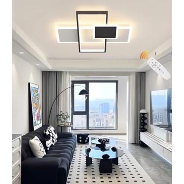 Imagem de Luminária de teto LED moderna, estilo nórdico, retangular, embutida, com intensidade regulável, controle remoto, ideal para sala de estar, escritório, quarto e sala de jantar (preta, 52 cm).