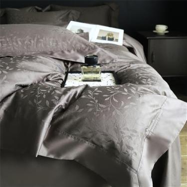 Imagem de Conjunto de cama em jacquard de algodão acetinado, capa de edredom macia e sedosa, lençol de baixo com elástico, 3 peças, lençol de casal tamanho queen (4 peças)