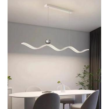 Imagem de Luminária pendente LED moderna para mesa de jantar, com intensidade regulável, design linear e altura ajustável, ideal para cozinha, sala de jantar e escritório (branca).