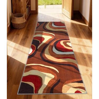 Imagem de YIHOUSE Tapete de corredor laranja queimado 5 x 15 cm para corredor, tapetes retrô marrom de fazenda, lavável, tapete ondulado abstrato geométrico, tapetes coloridos exclusivos para sala de jantar