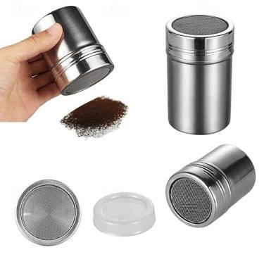 Imagem de Espanador de açúcar em pó de aço inoxidável, recipiente de pó de malha fina com tampa Dispensador de farinha (G)