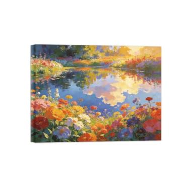 Imagem de BMZFYBS Impressão em tela de paisagem de arte de parede - flores de primavera lago - quadros de pintura para sala de estar pronta para pendurar tela embrulhada 70 x 90 cm 27 x 35 pol