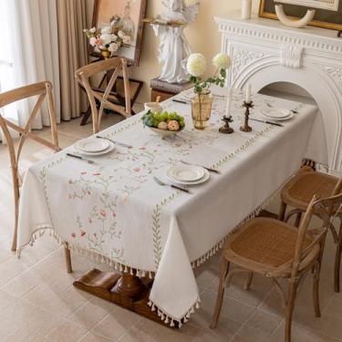 Imagem de Joyfol Day Toalha de mesa impermeável de linho com borlas, toalhas de mesa bordadas de flores rústicas para mesas retangulares, capas de mesa pesadas à prova de derramamento, flores rosa, 139 x 213 cm