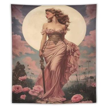 Imagem de Blush Gown Celestial Tapeçaria Elegante Poised Lady By Glowing Full Moon With Delicate Pink Blossoms For Dorm Bedroom Apartment Cozy Chic Elegante Decoração de Parede Tapeçaria 127.7 cm x 152.2 cm