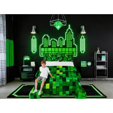 Imagem de Jogo de cama infantil Pixelated Blocks Miners, tamanho casal, videogame, gamepad, edredom de patchwork, edredom verde, 2 fronhas