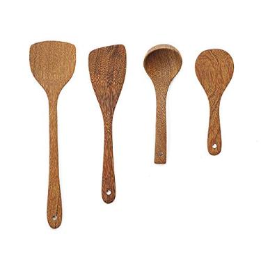 Imagem de 4 Peças Conjunto de Utensílios Cozinha Madeira Espátulas Antiaderentes Colher Servir Sopa com Buracos Ferramentas